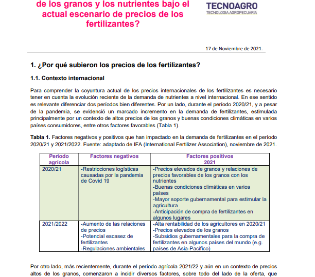 Boletín Especial Nº92  ¿Cómo están las relaciones de precios  de los granos y los nutrientes bajo el  actual escenario de precios de los  fertilizantes?