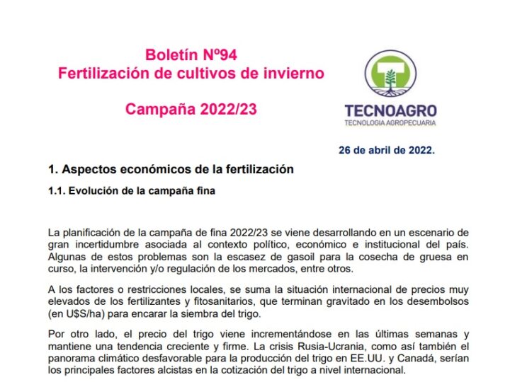 Boletín Nº94 – Fertilización de cultivos de invierno – Campaña 2022/2023