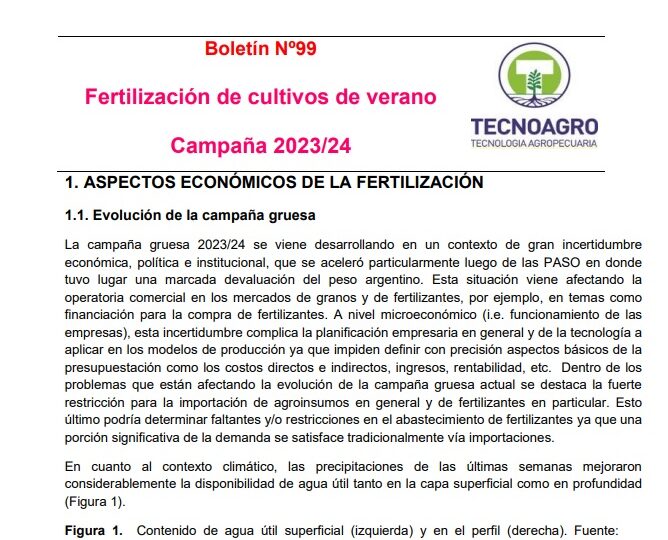 Boletín Nº99 Fertilización de cultivos de verano Campaña 2023/24
